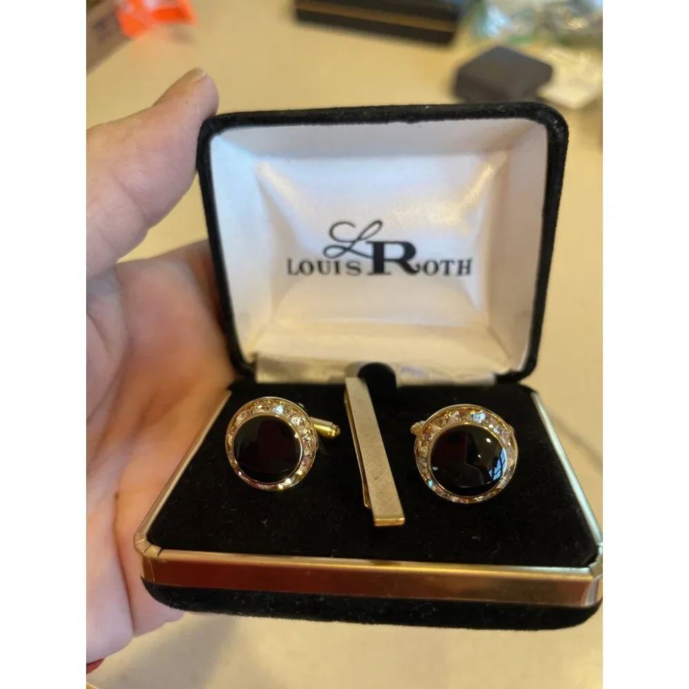 Men's Louis Roth Gold Cufflink Tie Tack Set Round Onyx Surrounded by Crystals